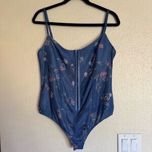 Free People Blue Floral Satin Bodysuit with Front Zip